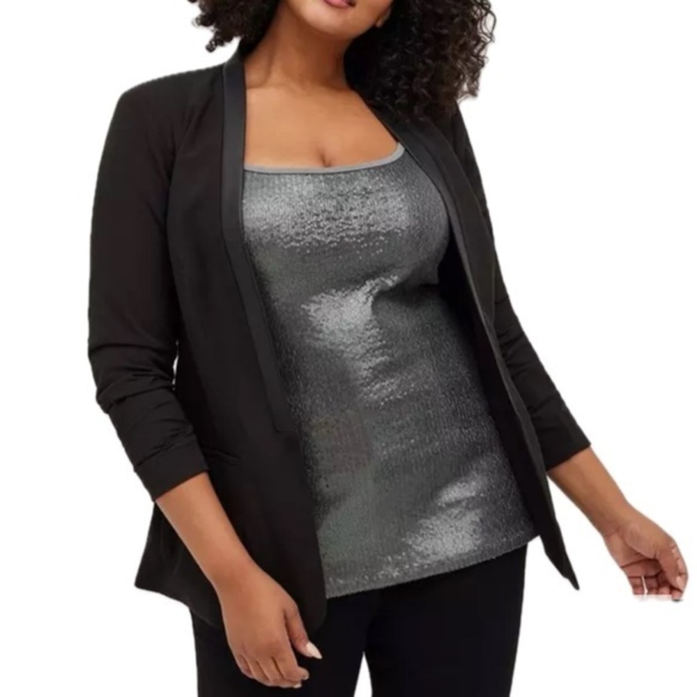 Torrid Studio Crepe Faux Leather Trim Blazer in Black